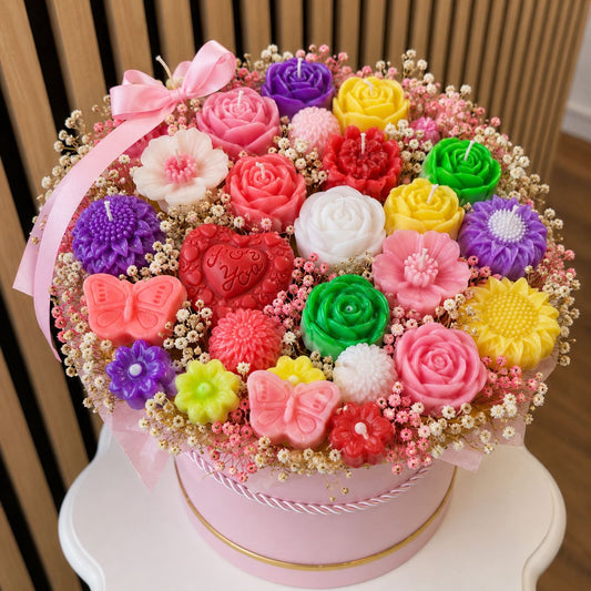Big Size Luxury Soy Wax Floral Candle Bouquet in Pink Hat Box | Handmade Flower Candle Gift