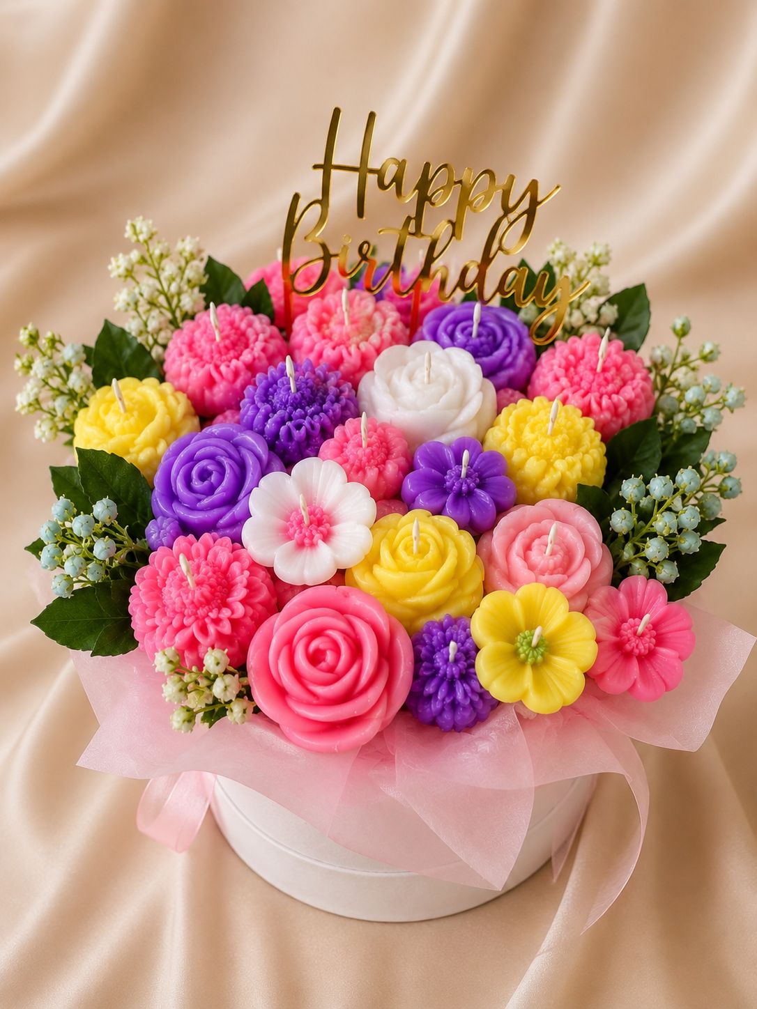 Colorful Soy Wax Floral Candle Bouquet with Happy Birthday Topper | Handmade Flower Candle Arrangement | Luxury Birthday Gift