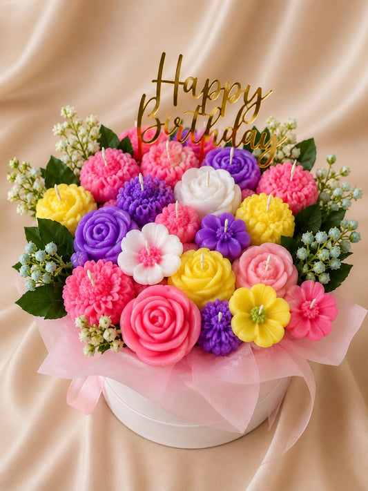 Colorful Soy Wax Floral Candle Bouquet with Happy Birthday Topper | Handmade Flower Candle Arrangement | Luxury Birthday Gift